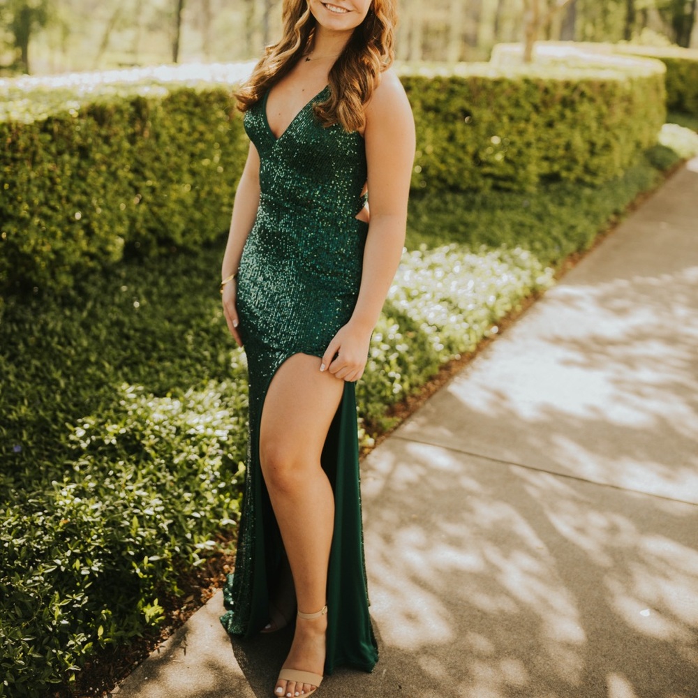 La Femme Emerald Green Sequined Gown - MAKE AN OFFER - Picture 10 of 11